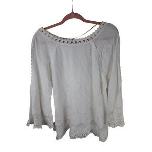 Democracy White Knit cotton blend bell sleeve arm cut out size Medium boho/fairy